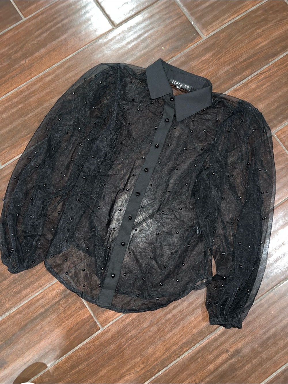 Sheer Beaded Black Button-Front Shirt Jacket